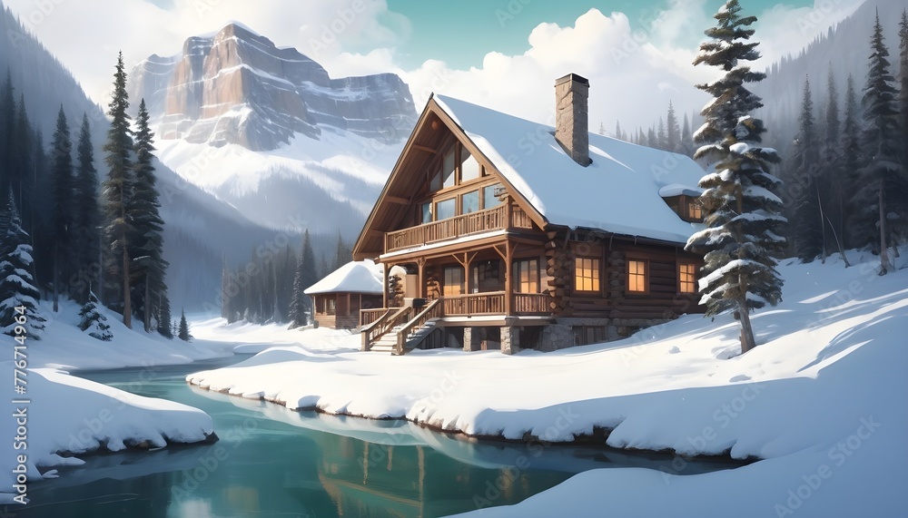 Naklejka premium house in the mountains, Photorealistic wooden house with timber structure 