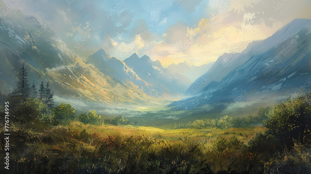 Sunlit Valley and Rugged Peaks Digital Painting
