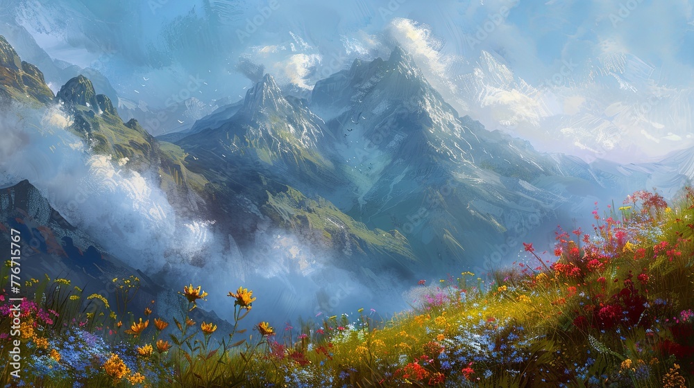 A mountainscape viewed from a high meadow, with wildflowers in the foreground and the distant peaks shrouded by low-hanging clouds. Emphasize an impressionistic style - obrazy, fototapety, plakaty 