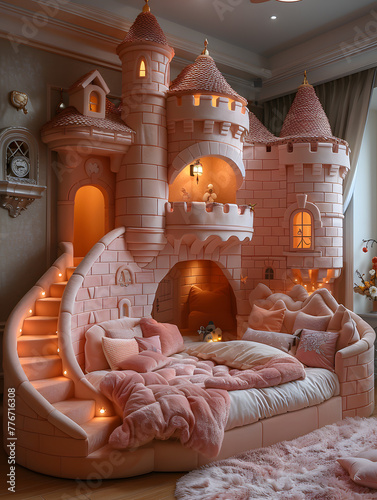 a bed in the shape of a pink castle