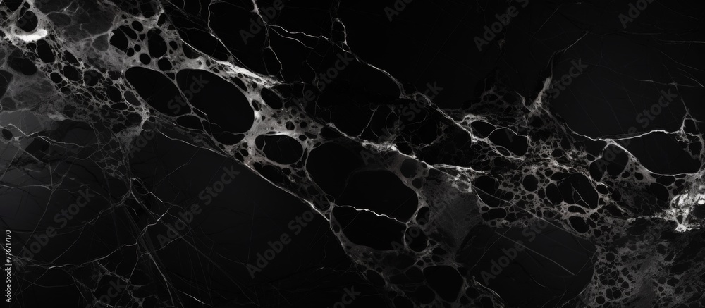 Black marble surface is shown in close-up detail against a dark background, highlighting its elegant and sleek texture