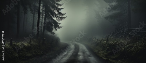 Winding path in a dense forest shrouded in mist with a foggy sky overhead