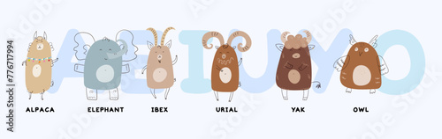 English vowels letter with animals,  vector illustration set