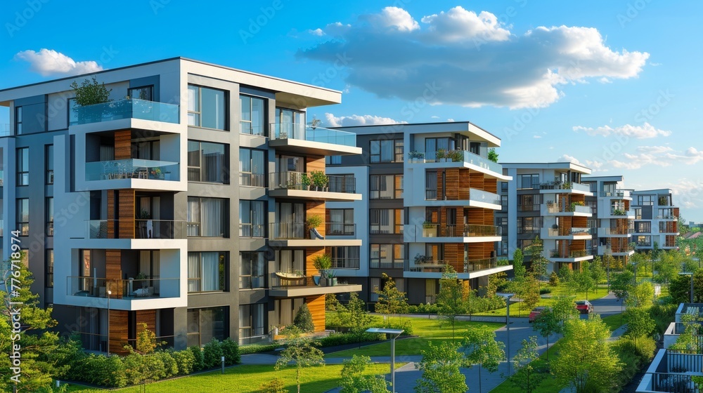 3D rendering of a sleek modern apartment complex, integrated with green spaces under a vast blue sky, AI Generative