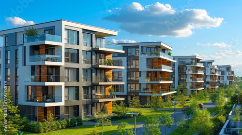 3D rendering of a sleek modern apartment complex, integrated with green spaces under a vast blue sky, AI Generative