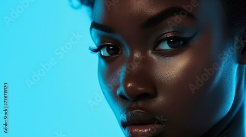 A image of a beautiful black woman in close-up, against a stark, plain background The image combines minimalism with vibrant colours and futuristic elements, AI Generative