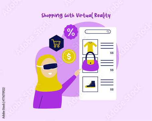 Virtual Reality technology, learning, shopping and gaming. Scene of people using VR in flat design. Cyberspace vector illustration for blogging, website, mobile app, promotional materials.