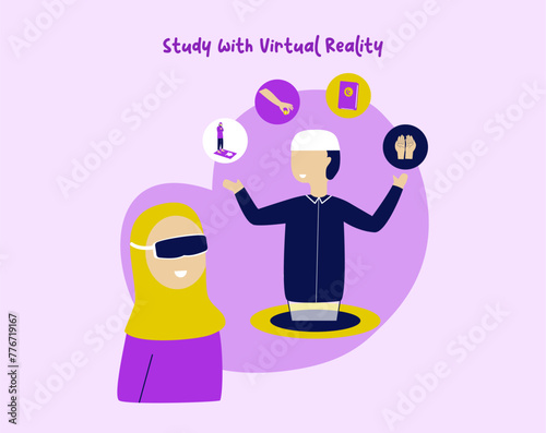 Virtual Reality technology, learning, shopping and gaming. Scene of people using VR in flat design. Cyberspace vector illustration for blogging, website, mobile app, promotional materials.