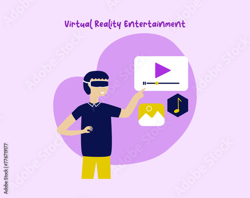 Virtual Reality technology, learning, shopping and gaming. Scene of people using VR in flat design. Cyberspace vector illustration for blogging, website, mobile app, promotional materials.