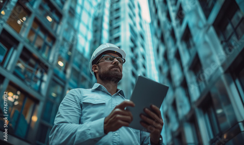 engineer use digital tablet while standing in modern building tower.generative ai