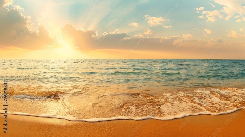 A panoramic view of a tropical beach at sunset, AI Generative