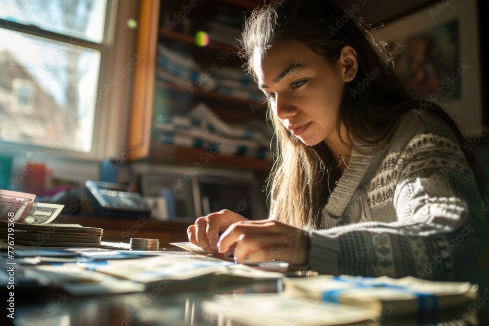 Fototapeta premium Young Woman Calculating Finances, Concerned Expression Amidst Bills and Calculators