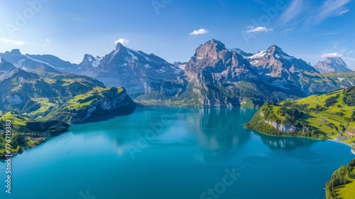 Aerial grace, Oeschinen Lake's azure tranquility against Alpine majesty, AI Generative