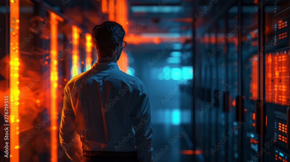 Back of data center specialist, engaged in cloud server management, AI Generative Back of data center specialist, engaged in cloud server management, AI Generative
