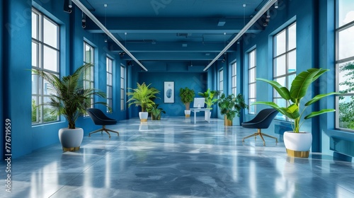 blue office corridor, concrete floor, loft-style windows, continuous ceiling lights, business and financial design theme, spacious interior concept, AI Generative