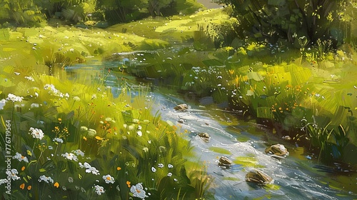 A quiet brook meandering through a meadow, bordered by wildflowers and the soft greens of early summer. Emphasize an impressionistic style, focusing on mood rather than meticulous detail
