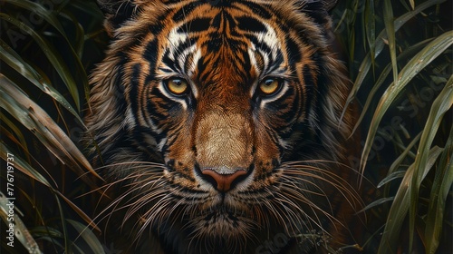 close-up Sumatra tiger, captivating eyes, majestic wilderness embodiment, photorealistic, commanding, subtle ambient light, AI Generative photo