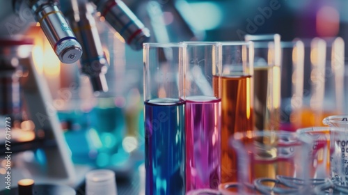 Close-up of test tubes in a science lab, each containing different colored solutions, AI Generative