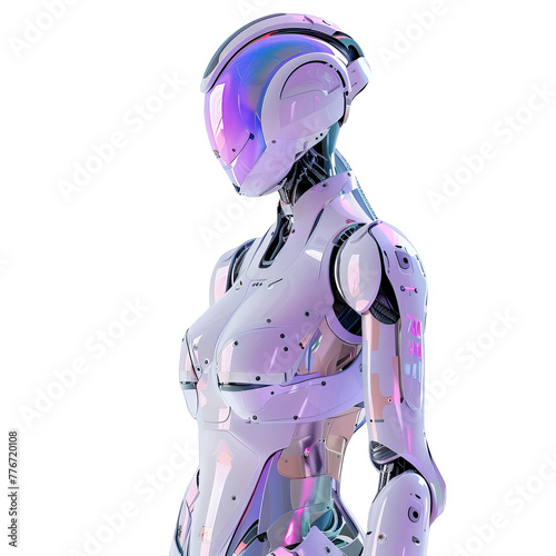An android designed with sleek pastel aesthetics in purple and blue, her image rendered photorealistically with ray tracing
