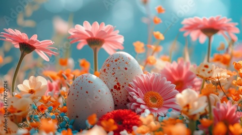 Easter eggs in a colorful floral setting  celebrating spring with vibrant flowers  AI Generative
