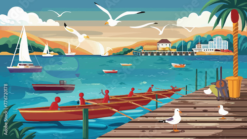Coastal Serenity: Rowing Boats, Seagull on Pier - Vector Illustration for Seaside Holiday Travel Poster © Hogr