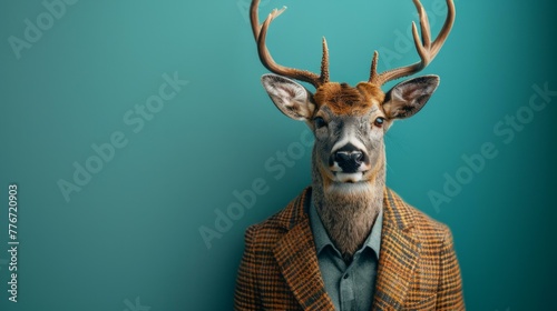 Modern Xmas Deer, hipster sunglasses and business suit, exuding boss vibes, trendy pastel teal backdrop, a creative holiday spirit, AI Generative