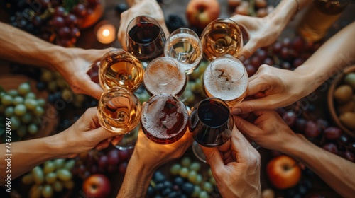 Overhead shot of hands coming together in a toast, a circle of celebration, AI Generative