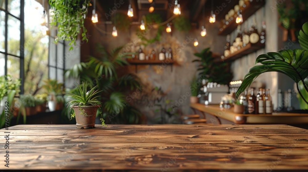 Vintage cafe background, empty wooden surface stands ready for your product, soft bokeh lights give a welcoming atmosphere, AI Generative