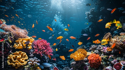 The underwater world alive, coral reefs bursting with hues, schools of fish weaving through the clear waters, a serene exploration of the ocean's hidden treasures, AI Generative © sorapop