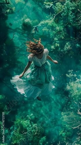 Woman Floating in Enchanted Underwater Forest Scene