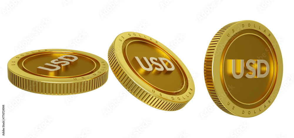 US currency iso code on gold coin isolated on transparent background, 3D rendering of set of abstract golden US dollar coins concept in different angles.
US currency iso code on gold coin isolated on transparent background, 3D rendering of set of abstract golden US dollar coins concept in different angles.