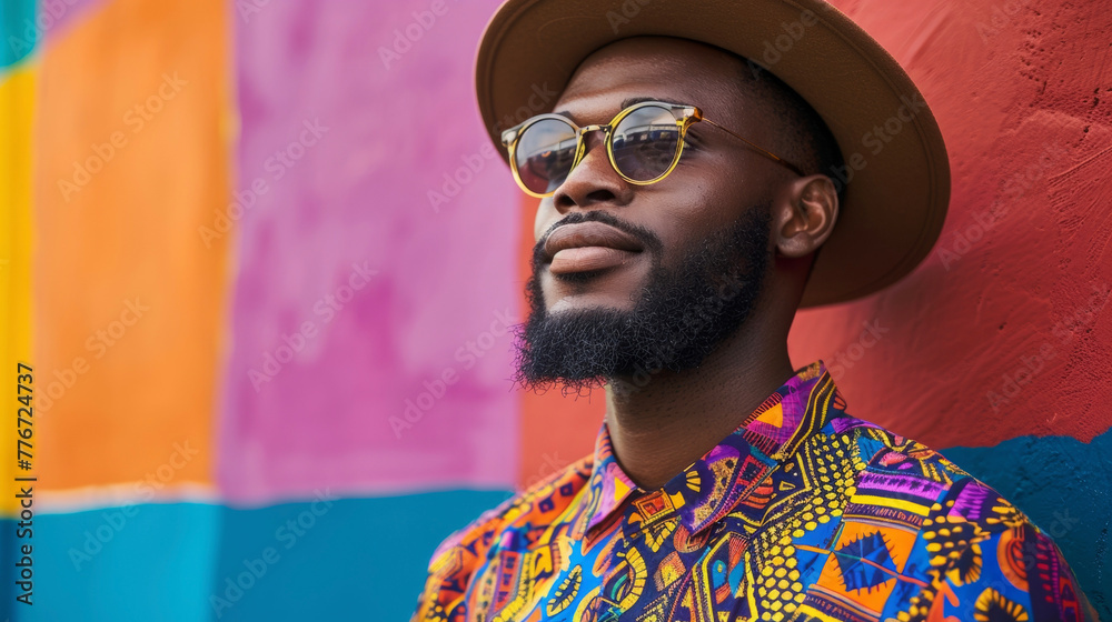 A proud and confident black man wearing a traditional Caribbean shirt with bold geometric patterns paired with a fedora and sunglasses for a modern twist showcasing the evolution of . - obrazy, fototapety, plakaty 