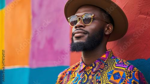 A proud and confident black man wearing a traditional Caribbean shirt with bold geometric patterns paired with a fedora and sunglasses for a modern twist showcasing the evolution of .