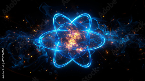 a glowing blue atom with energy lines emanating from it  black background generative ai