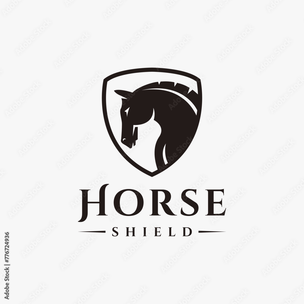 Simple powerful horse logo and shield on white background Simple powerful horse logo and shield on white background