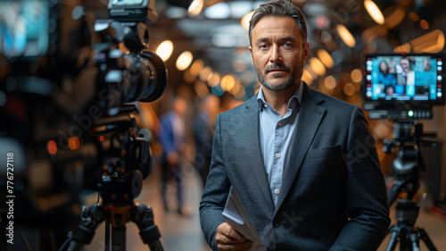 TV presenter wearing a modern suit, A person stands, appears fully, looks at the camera, holds a men's suit in one hand, papers in the other hand,generative ai photo