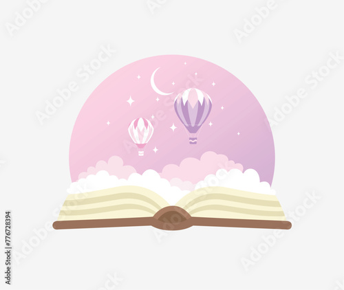 Book with fabulous flying balloons in the clouds and stars. Creative process concept.