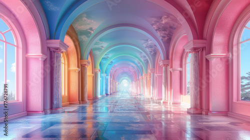 rainbow pastel 3d arch in the clouds, surreal room with rainbow colored floor and sky,generative ai