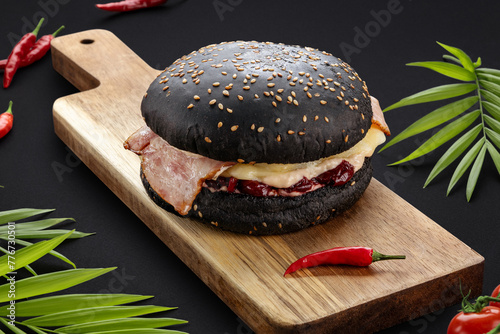 Black burger with sesame seeds, bacon, melted cheese, tomatoes, cherries and vegetables on a wooden board with pepper.Dark background. Food photos. Advertising for the menu.