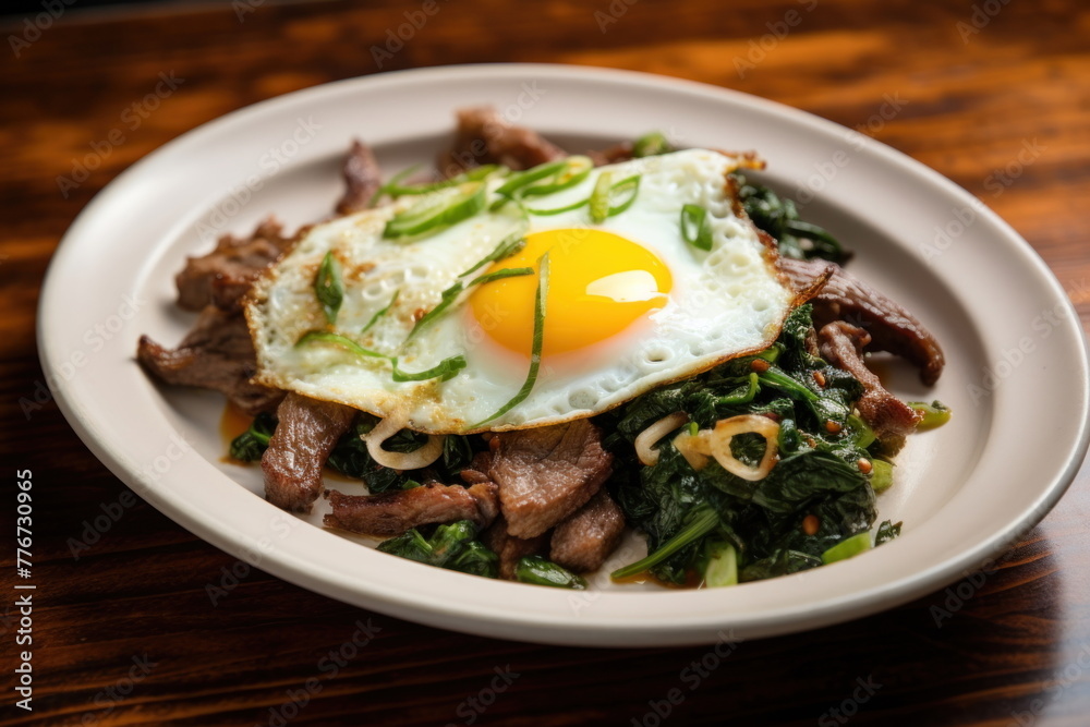 Beef and basil with fried egg, thai food