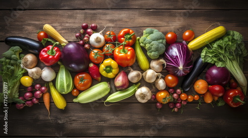 many kinds vegetables on wood background photo