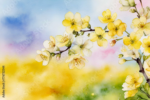 watercolor Cherry blossom and canola flower background, beautiful spring landscape.