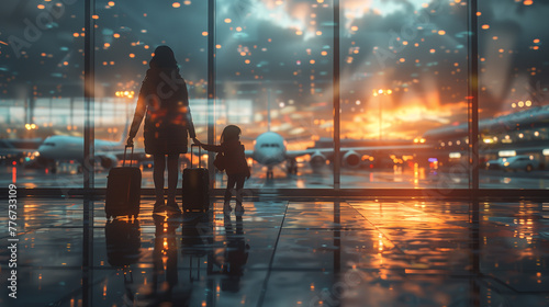 Family at airport travelling with young child and luggage walking to departure gate, girl pointing at airplanes through window, silhouette of people, abstract international air travel concept
