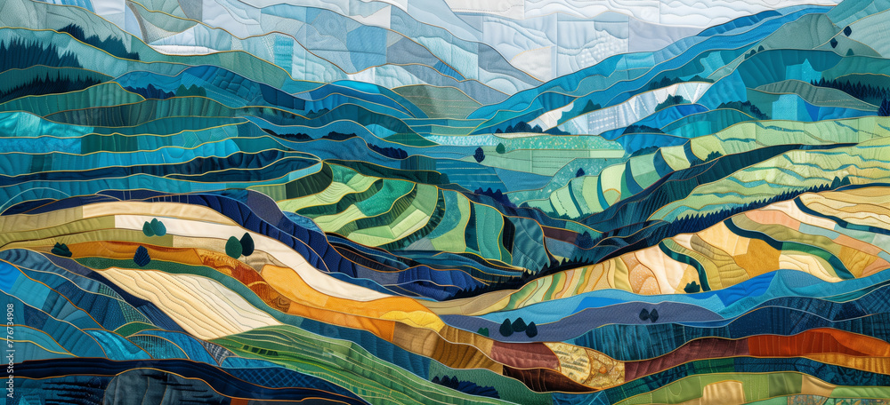 motherland. fields of green and fields of water. fields of mountains and canyons illustration. 