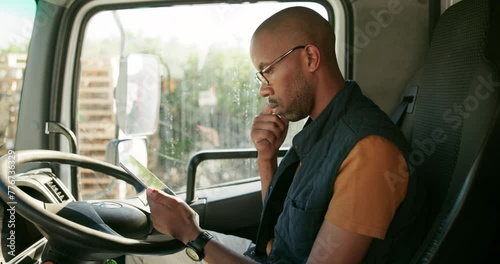 Black man, truck and check on tablet for logistics schedule, courier app and delivery management with dispatch system. Person and zoom on digital tech for tracking or online route for distribution. photo
