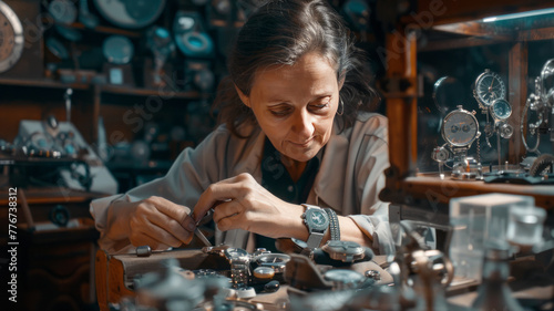 old female watchmaker repairing a watch in her watch store,generative ai