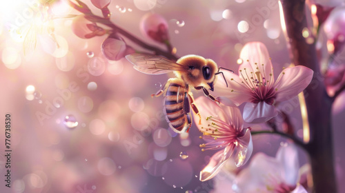 Cute bee on the spring flowers, spring nature background with sunlight and bokeh effect © wanna