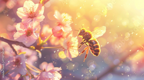 Cute bee on the spring flowers, spring nature background with sunlight and bokeh effect