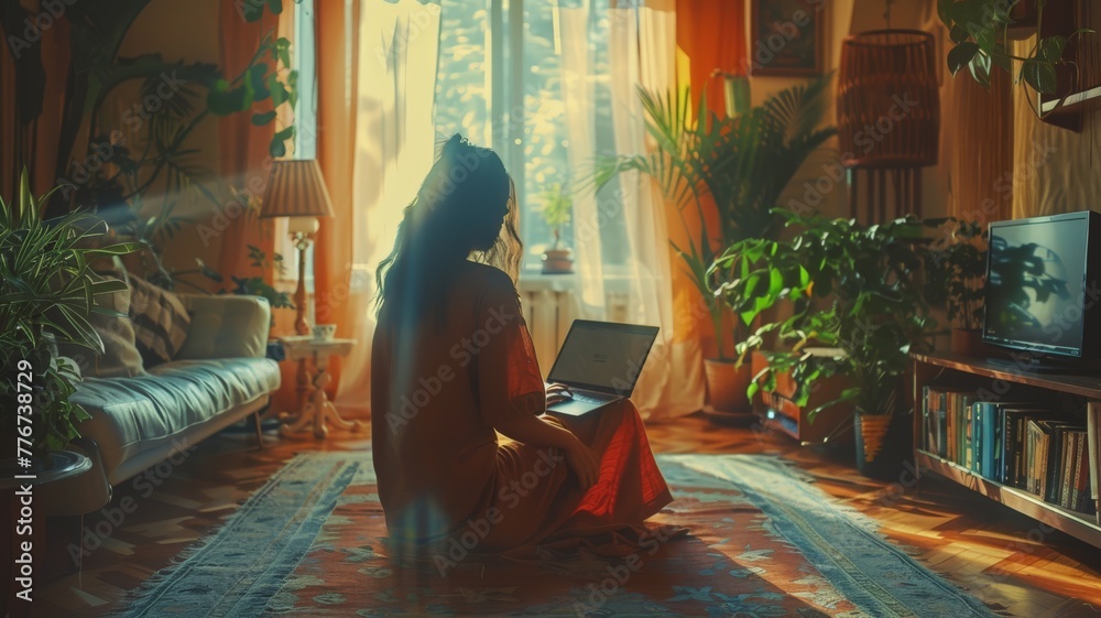 Woman at sunset in her living boom checking her computer sitting in the floor