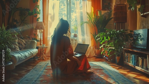 Woman at sunset in her living boom checking her computer sitting in the floor photo